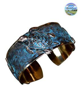 Solid Brass Sea Turtle Cuff Bracelet Wearable Art Handmade USA Verdigris Patina